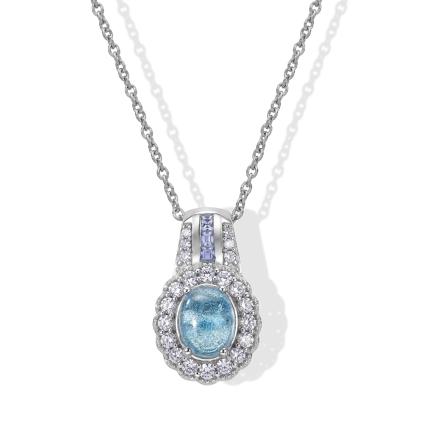 EverTrue Santa Maria Aquamarine and Multi Gemstone 3.90 ctw Pendant in Platinum Bond with Stainless Steel Necklace 20 Inches