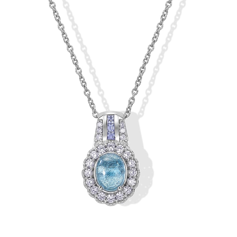 EverTrue Santa Maria Aquamarine and Multi Gemstone 3.90 ctw Pendant in Platinum Bond with Stainless Steel Necklace 20 Inches