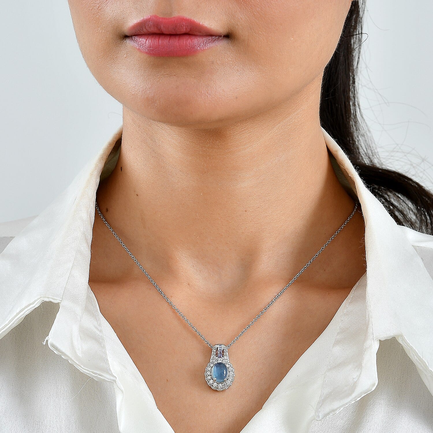 EverTrue Santa Maria Aquamarine and Multi Gemstone 3.90 ctw Pendant in Platinum Bond with Stainless Steel Necklace 20 Inches