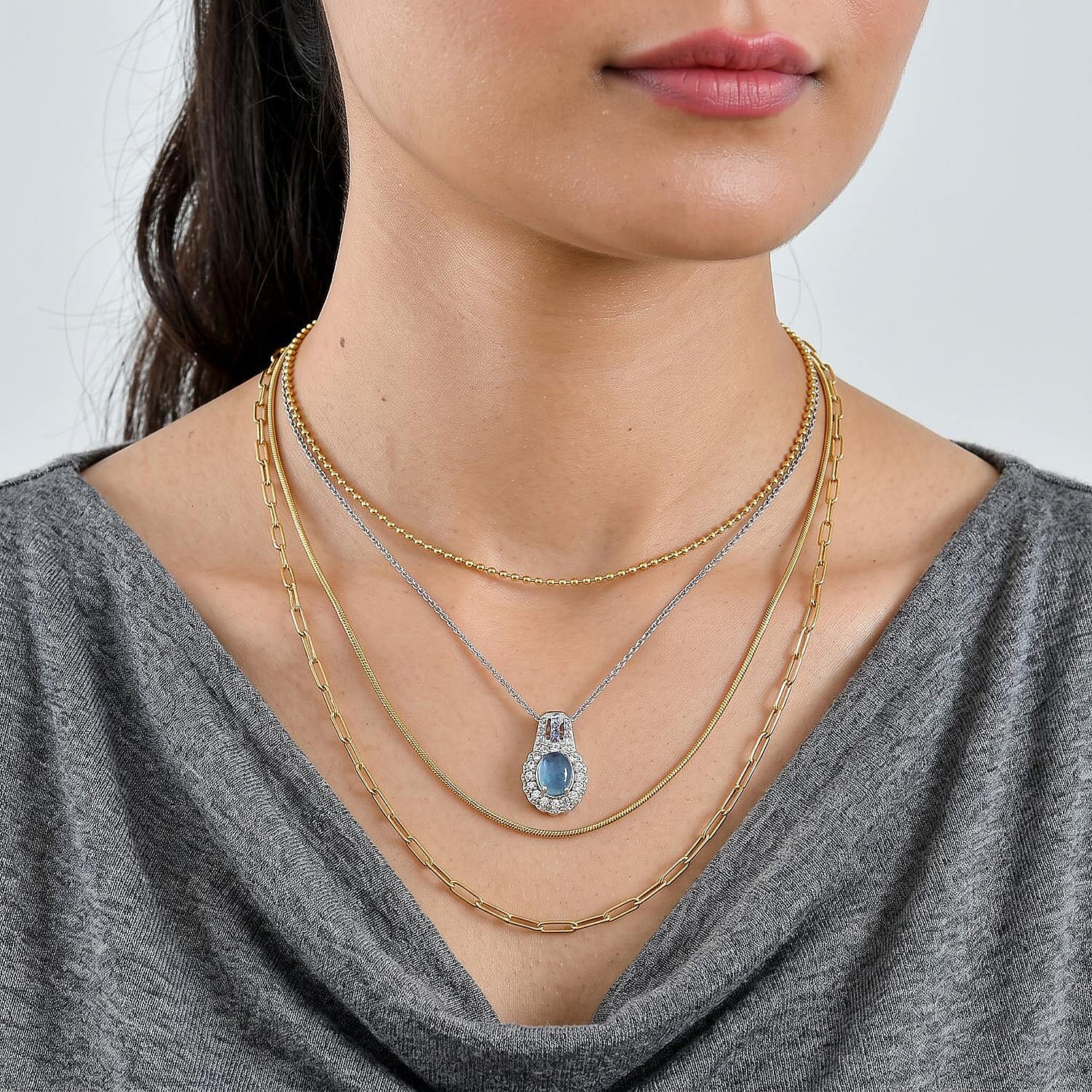 EverTrue Santa Maria Aquamarine and Multi Gemstone 3.90 ctw Pendant in Platinum Bond with Stainless Steel Necklace 20 Inches