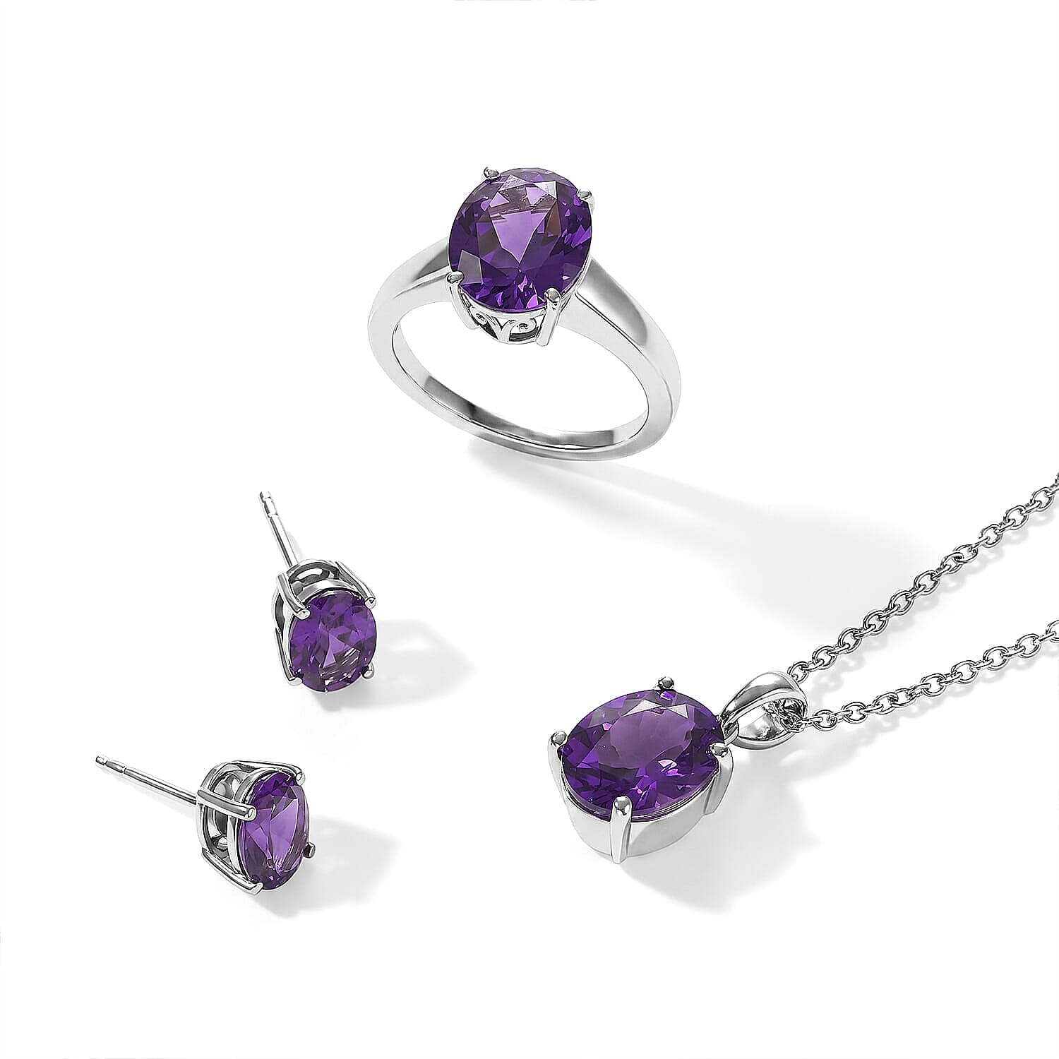 EverTrue African Amethyst 8.80 ctw Autumn Set of 3 Earrings, Ring (Size 8.0) and Pendant in Platinum Bond with Stainless Steel Necklace 20 Inches