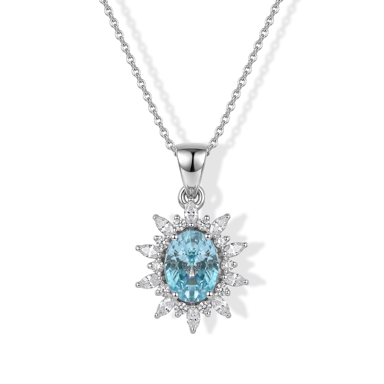 D''Joy Premium Cambodian Blue Zircon, Moissanite Pendant Necklace (20 inches) in Rhodium Over Sterling Silver 2.65 ctw