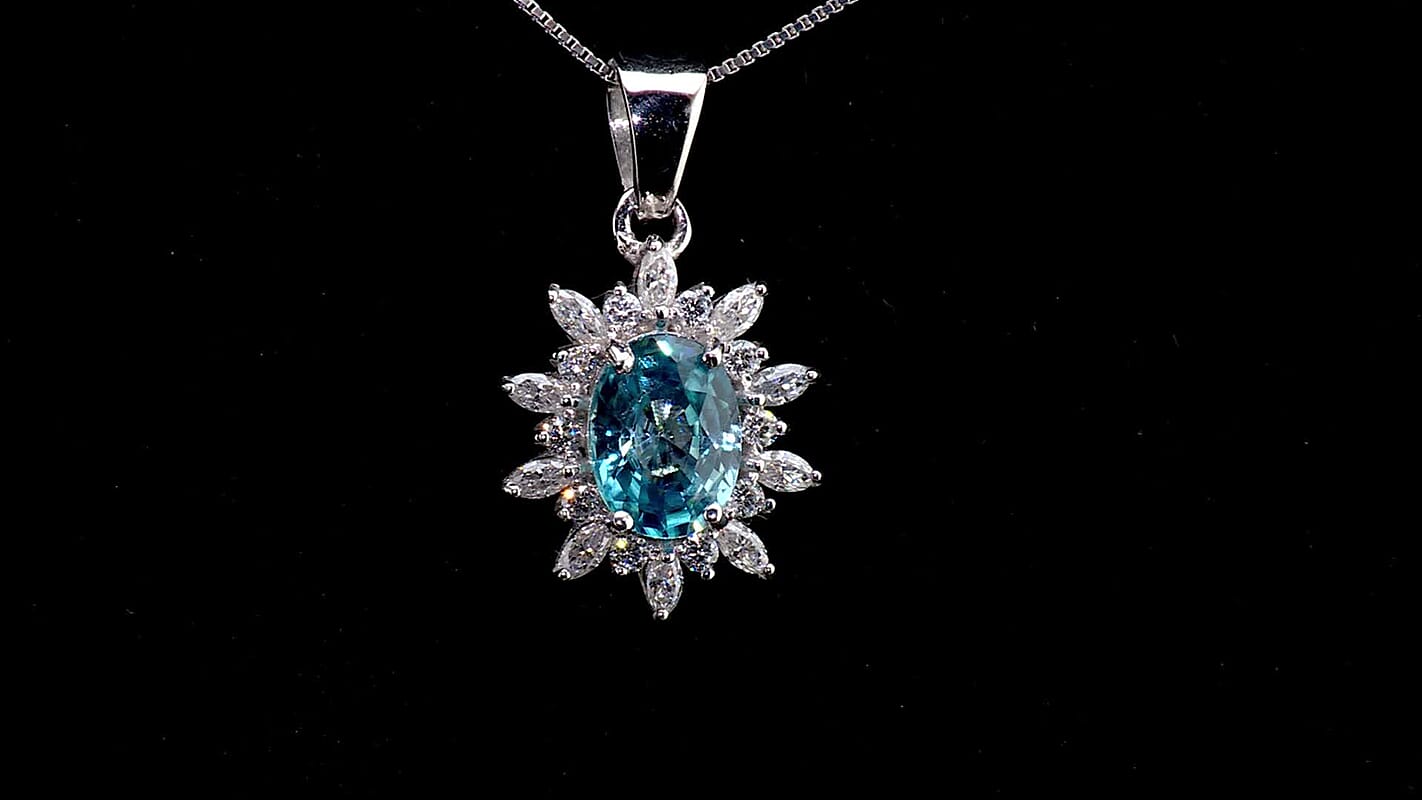 D''Joy Premium Cambodian Blue Zircon, Moissanite Pendant Necklace (20 inches) in Rhodium Over Sterling Silver 2.65 ctw