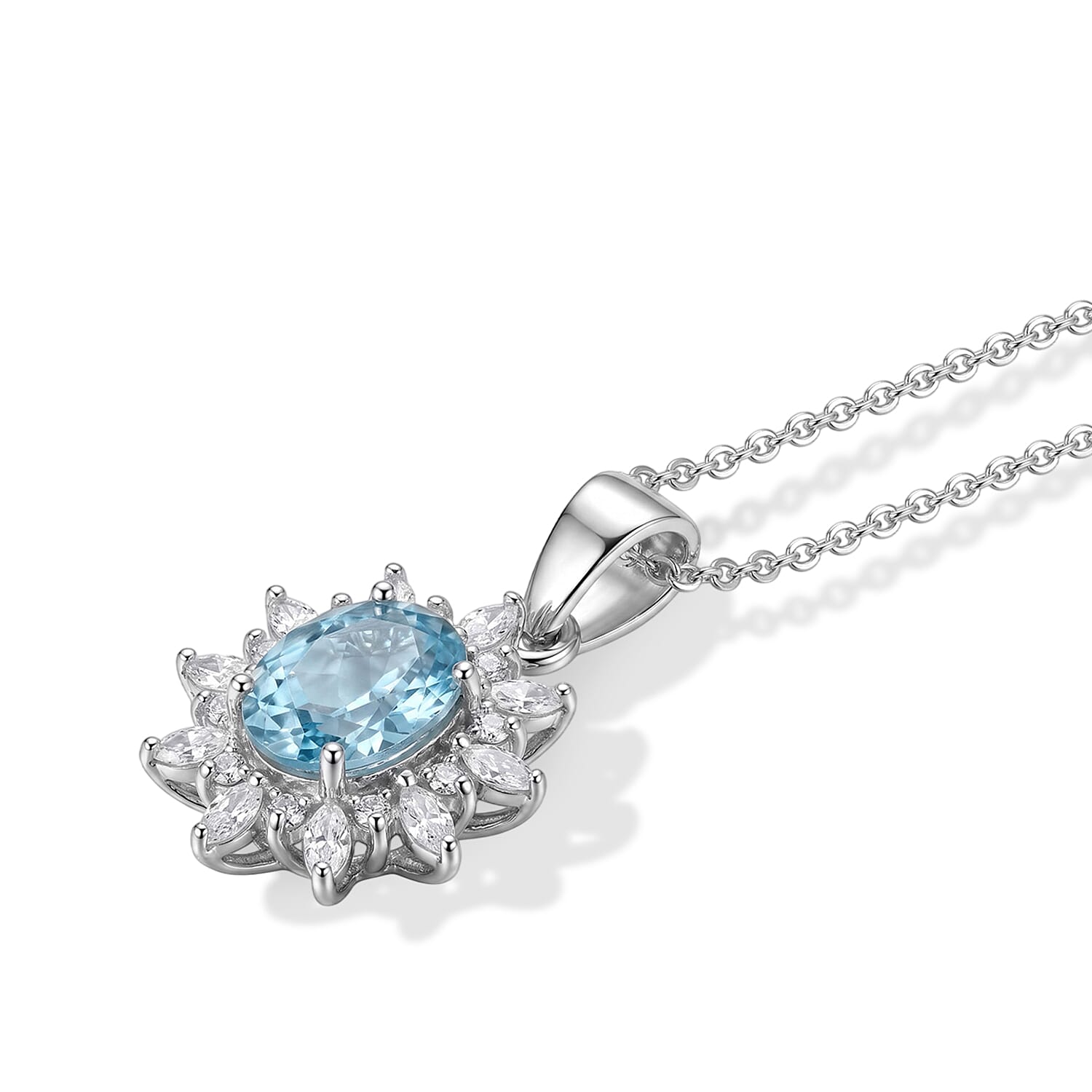 D'Joy Premium Cambodian Blue Zircon and Moissanite 2.65 ctw Blue Fire Starburst Bloom Pendant Necklace in Rhodium Over Sterling Silver (20 inches)