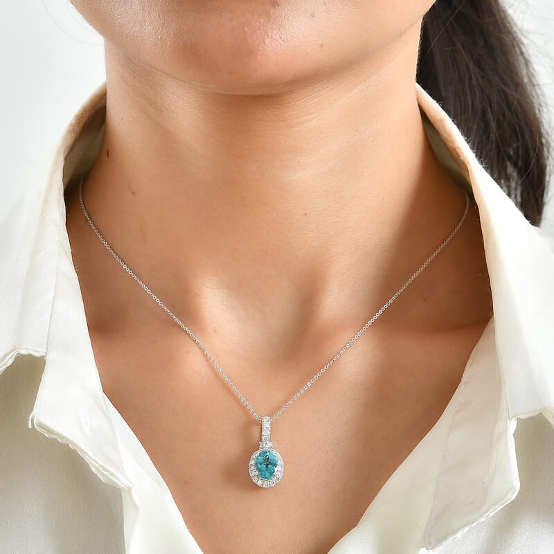 D'Joy Certified & Appraised Premium Paraiba Blue Apatite and Moissanite 2.30 ctw Pendant Necklace in Rhodium Over Sterling Silver 18 Inches