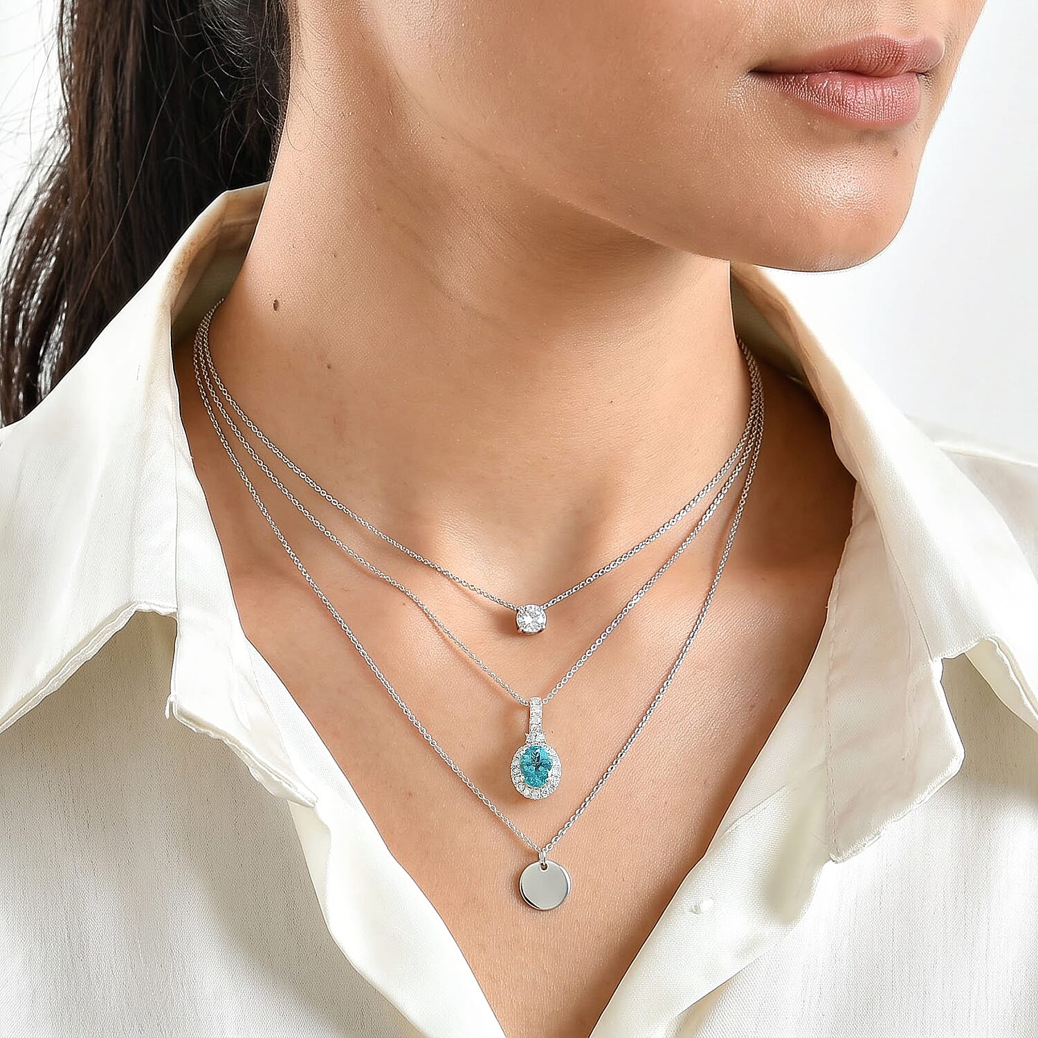 D'Joy Certified & Appraised Premium Paraiba Blue Apatite and Moissanite 2.30 ctw Pendant Necklace in Rhodium Over Sterling Silver 18 Inches