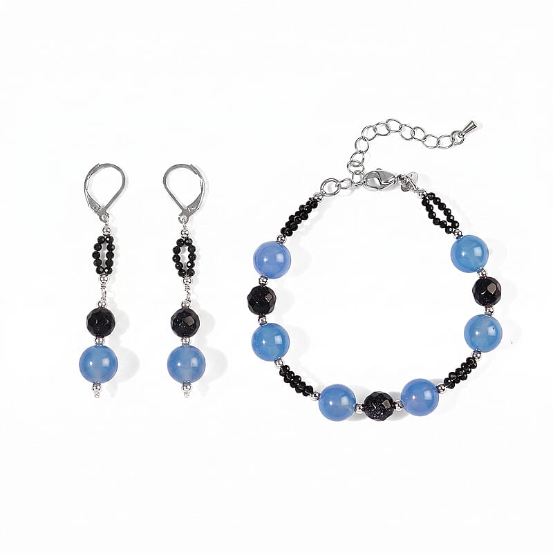 EverTrue Blue Agate, Blue Sandstone and Thai Black Spinel 76.85 ctw Bracelet (7.25In) and Earrings in Stainless Steel