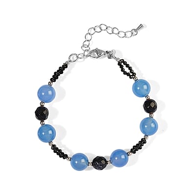 EverTrue Blue Agate, Blue Sandstone and Thai Black Spinel 76.85 ctw Bracelet (7.25In) and Earrings in Stainless Steel