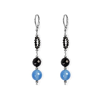 EverTrue Blue Agate, Blue Sandstone and Thai Black Spinel 76.85 ctw Bracelet (7.25In) and Earrings in Stainless Steel
