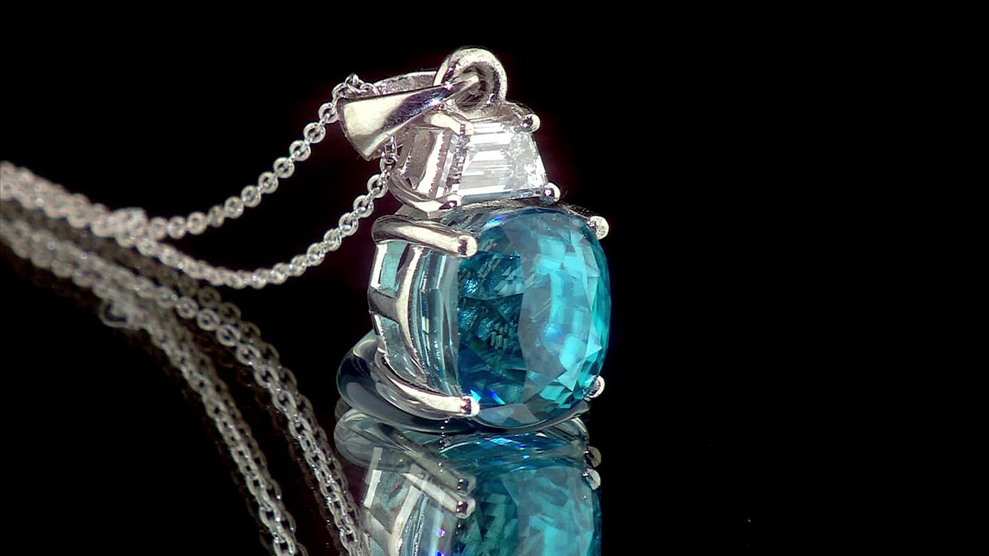 10K White Gold AAA Cambodian Blue Zircon, Luxuriant Lab Grown Diamond (G-H, SI) (0.50 cts) Pendant Necklace (20 Inches) 5.50 ctw