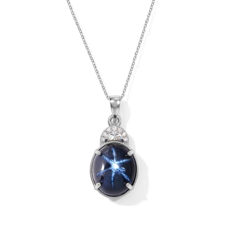 AAA Blue Star Sapphire (DF) and Luxuriant Lab Grown Diamond E-F VS 9.15 ctw The Celestial Treasure Pendant Necklace in 10K Yellow Gold 20 Inches