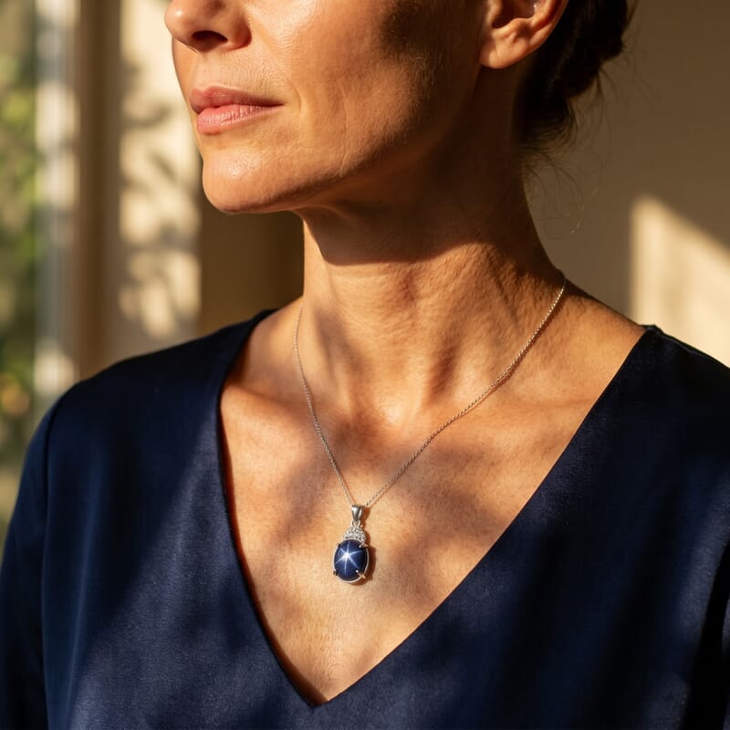 AAA Blue Star Sapphire (DF) and Luxuriant Lab Grown Diamond E-F VS 9.15 ctw The Celestial Treasure Pendant Necklace in 10K Yellow Gold 20 Inches