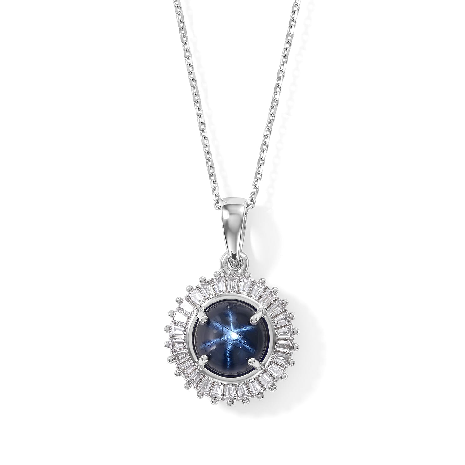 D'Joy Premium Blue Star Sapphire (DF) and Moissanite 5.10 ctw The Celestial Radiance Pendant Necklace in Rhodium Over Sterling Silver 20 Inches