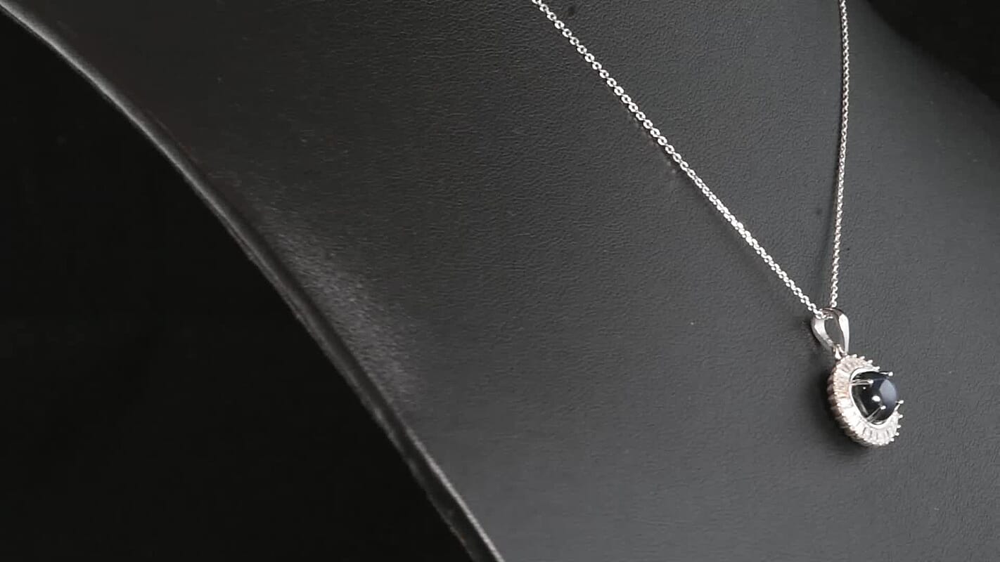 D''Joy Premium Blue Star Sapphire (DF), Moissanite The Celestial Radiance Pendant Necklace (20 Inches) in Rhodium Over Sterling Silver 5.10 ctw
