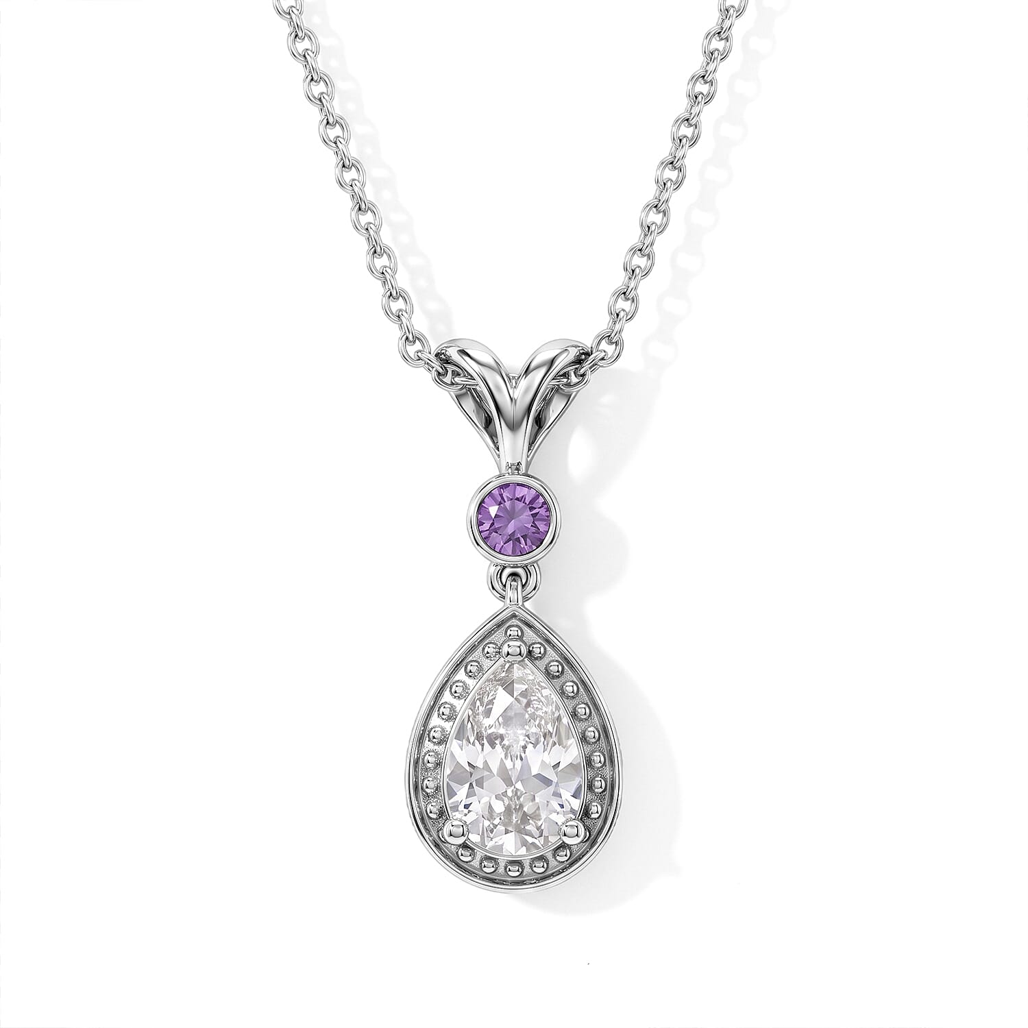 EverTrue Simulated White and Amethyst Color Diamond Pendant Necklace (20 Inches) in Stainless Steel