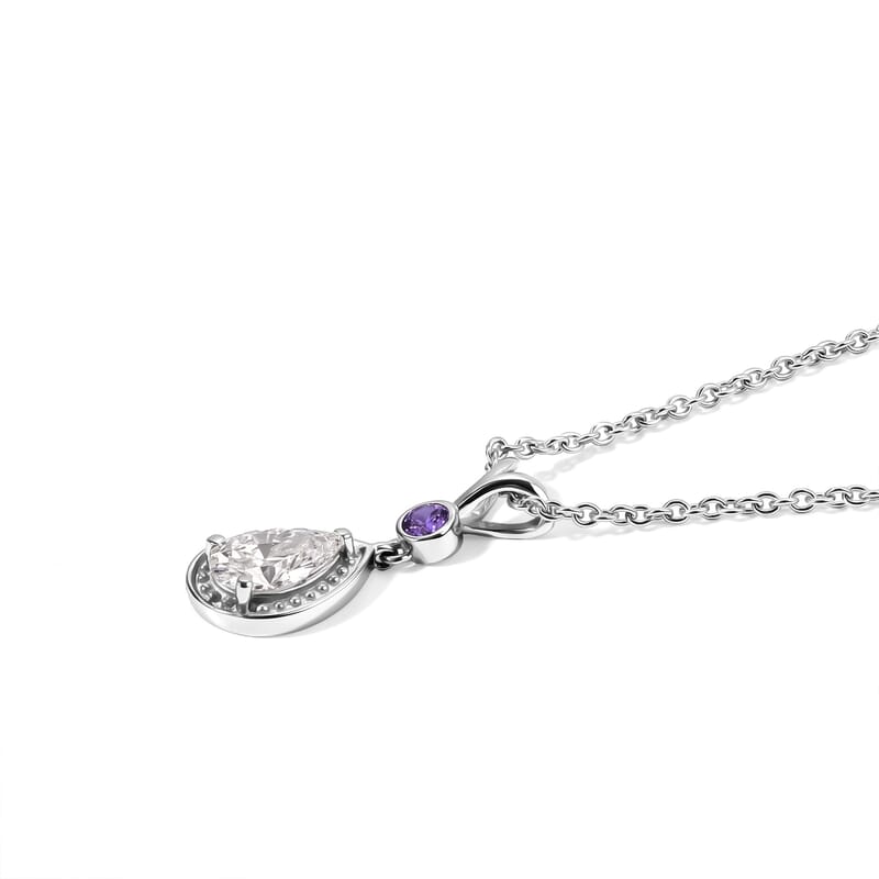 EverTrue Simulated White and Amethyst Color Diamond Pendant Necklace (20 Inches) in Stainless Steel