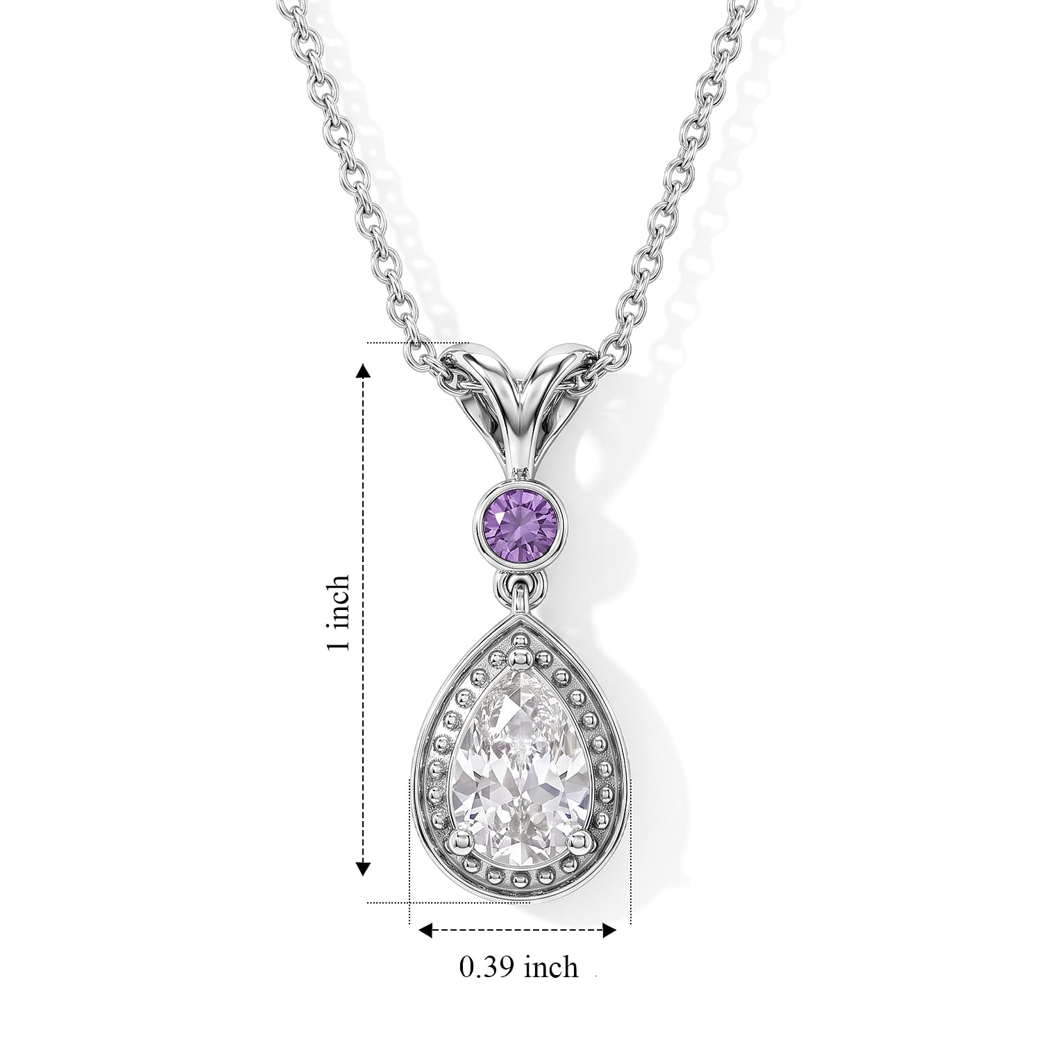 EverTrue Simulated White and Amethyst Color Diamond Pendant Necklace (20 Inches) in Stainless Steel