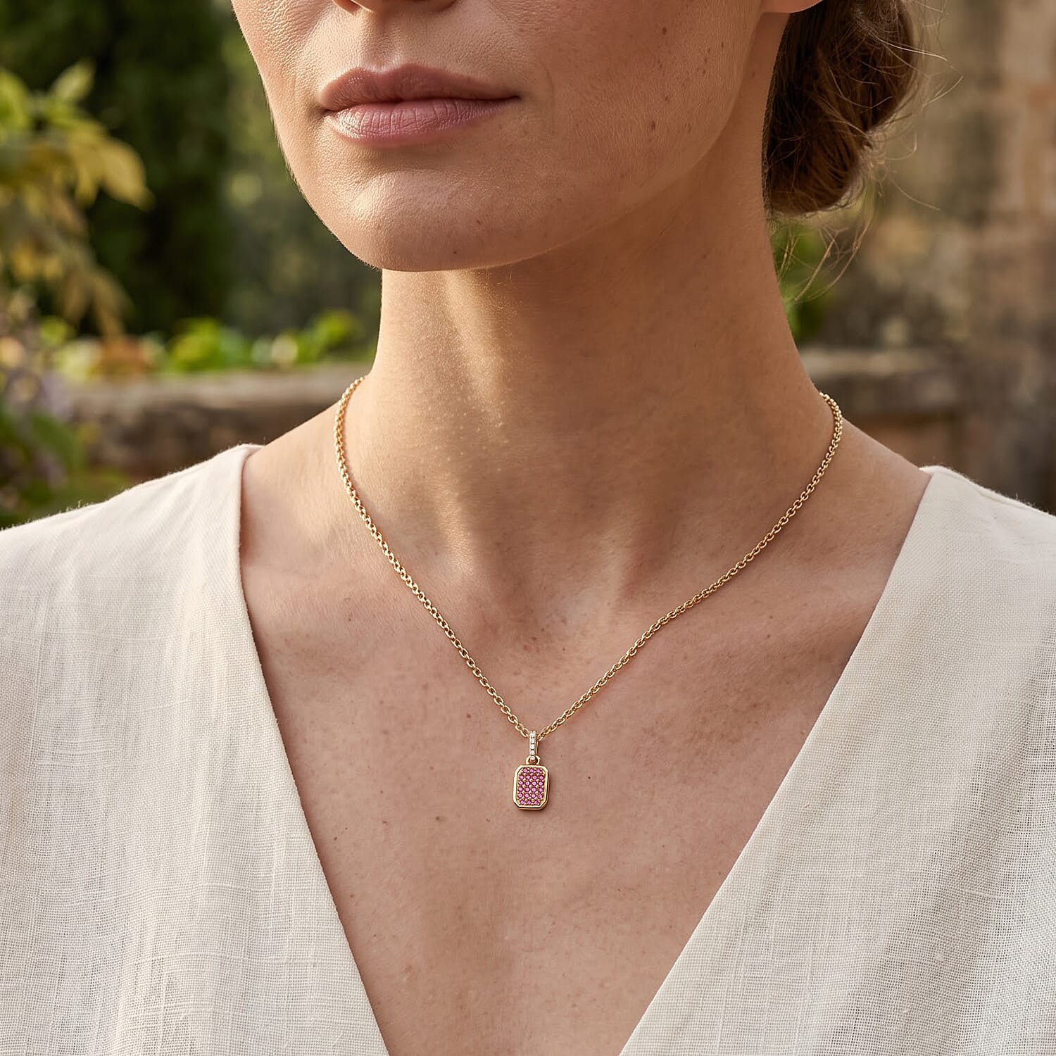 D'Joy Premium Padparadscha Sapphire (BT) and White Zircon 0.60 ctw Royal Pavilion Pendant Necklace in 18K Vermeil Yellow Gold Over Sterling Silver 20 Inches