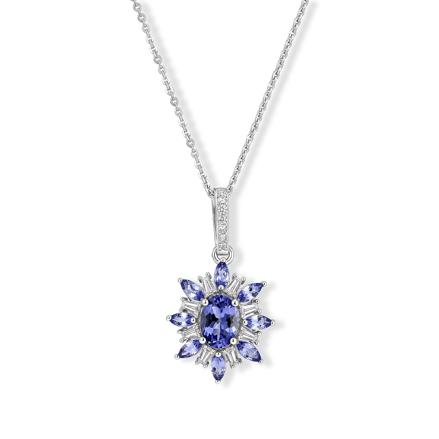 D'Joy Tanzanite and Moissanite 1.90 ctw Pendant Necklace in Rhodium Over Sterling Silver 20 Inches
