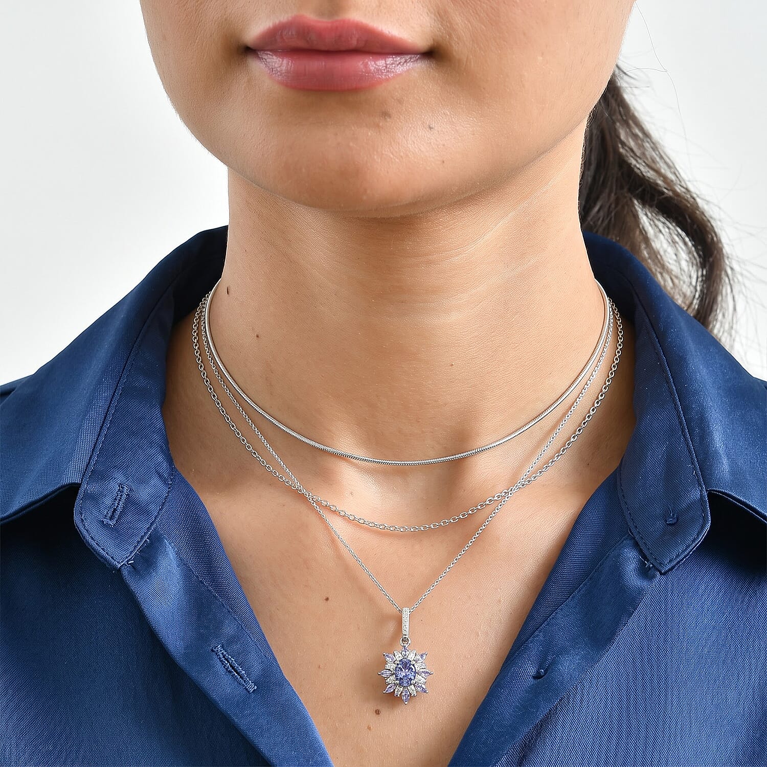 D'Joy Tanzanite and Moissanite 1.90 ctw Pendant Necklace in Rhodium Over Sterling Silver 20 Inches