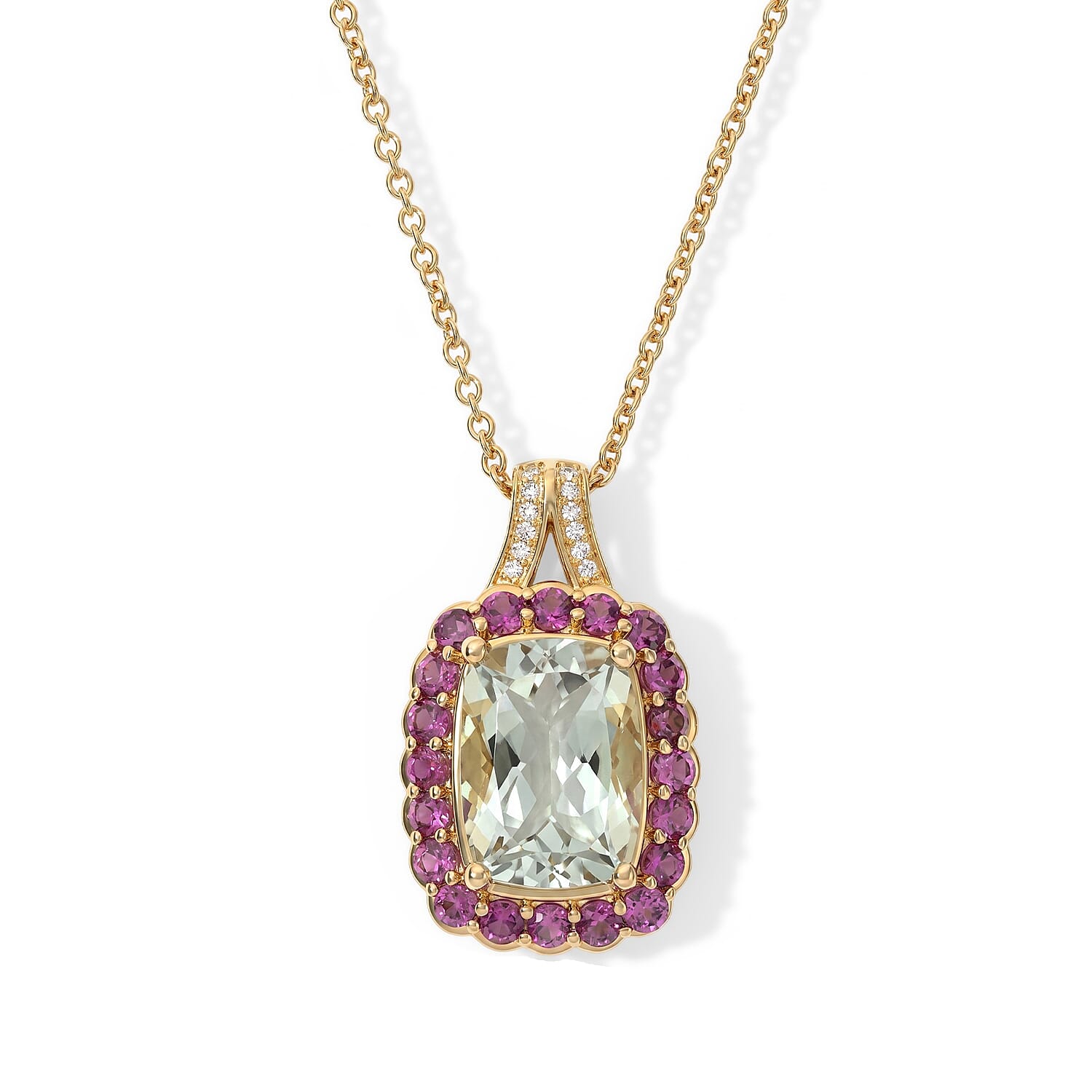 EverTrue Montezuma Prasiolite and Multi Gemstone 8.40 ctw Pendant in 18K YG Plated with ION Plated YG Stainless Steel Necklace (20 Inches)