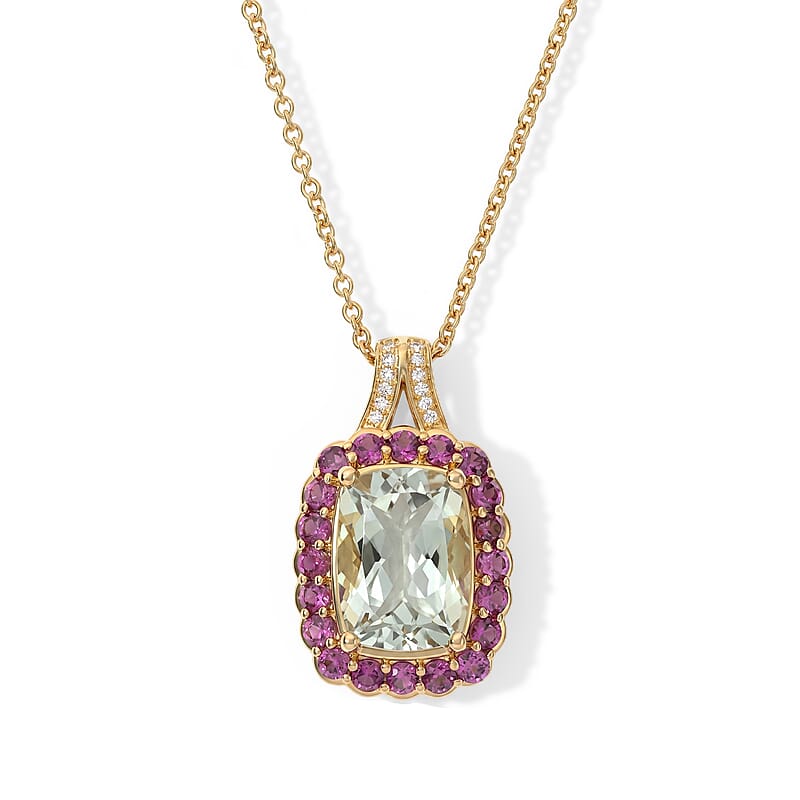 EverTrue Montezuma Prasiolite and Multi Gemstone 8.40 ctw Pendant in 18K YG Plated with ION Plated YG Stainless Steel Necklace (20 Inches)