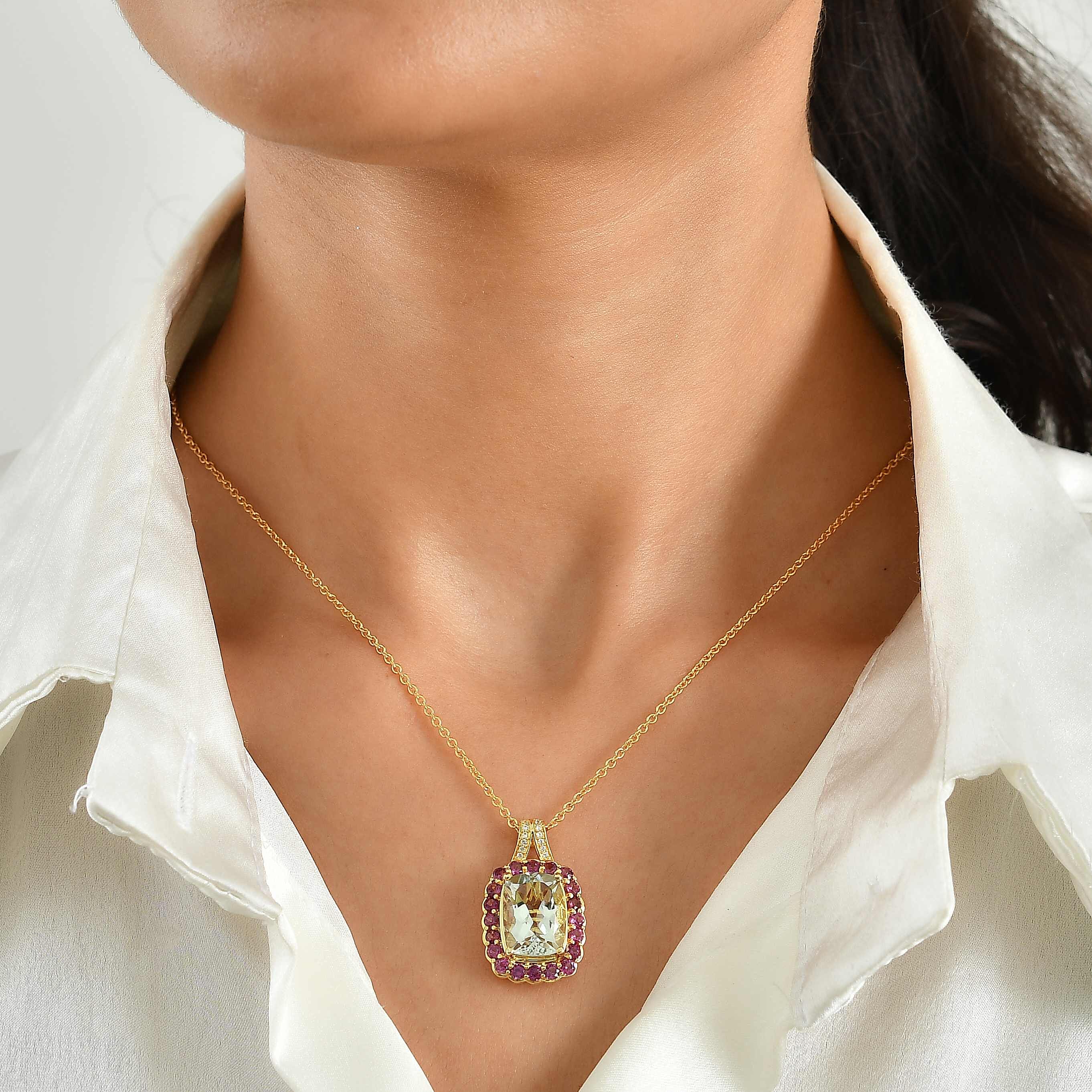 EverTrue Montezuma Prasiolite and Multi Gemstone 8.40 ctw Pendant in 18K YG Plated with ION Plated YG Stainless Steel Necklace (20 Inches)