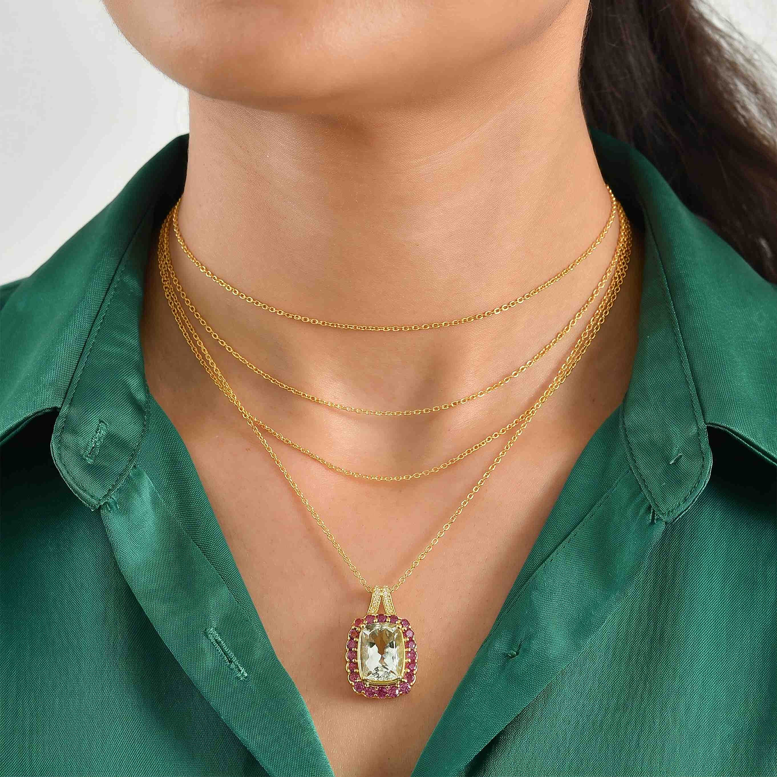 EverTrue Montezuma Prasiolite and Multi Gemstone 8.40 ctw Pendant in 18K YG Plated with ION Plated YG Stainless Steel Necklace (20 Inches)