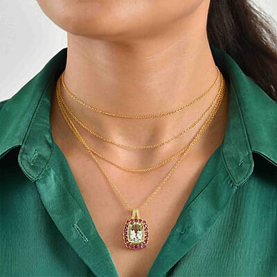 EverTrue Montezuma Prasiolite and Multi Gemstone 8.40 ctw Pendant in 18K YG Plated with ION Plated YG Stainless Steel Necklace (20 Inches)