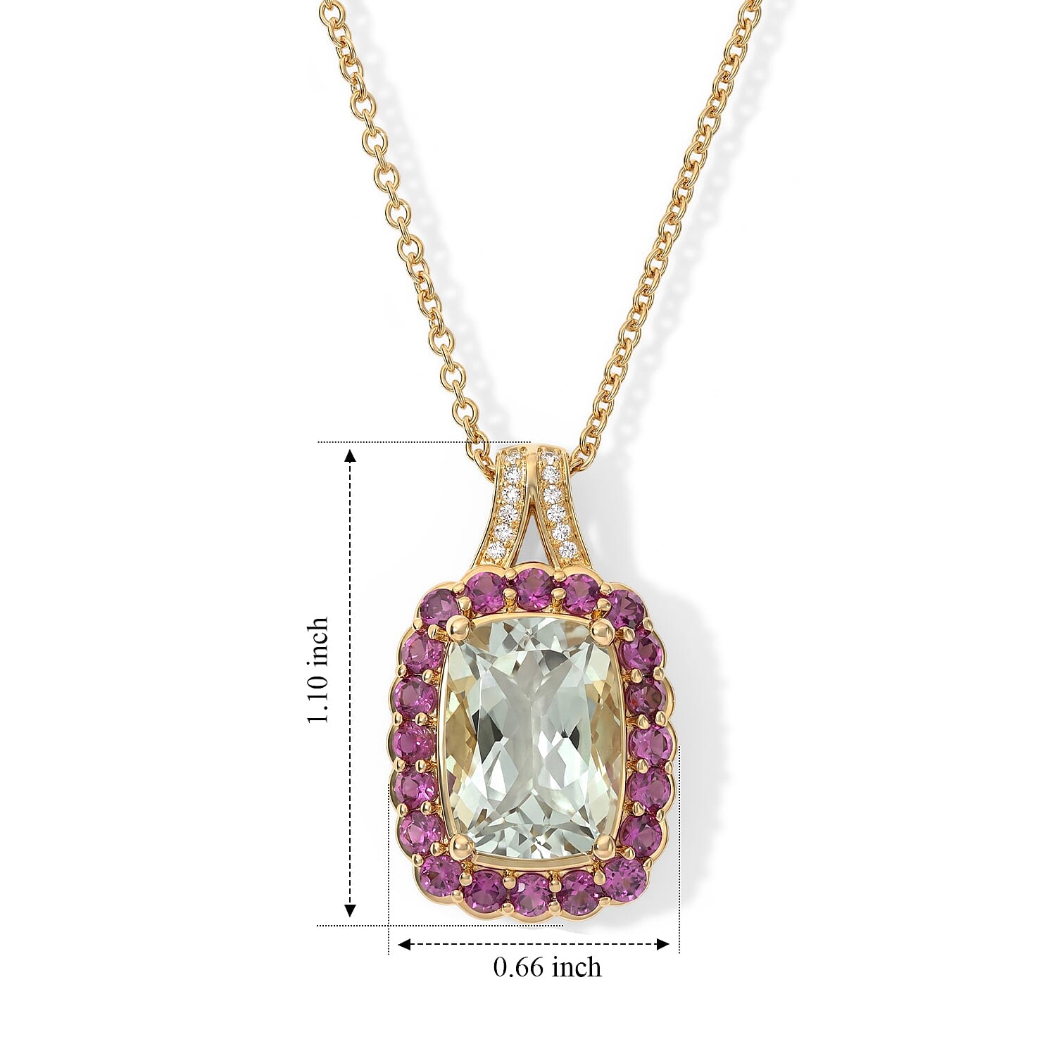 EverTrue Montezuma Prasiolite and Multi Gemstone 8.40 ctw Pendant in 18K YG Plated with ION Plated YG Stainless Steel Necklace (20 Inches)