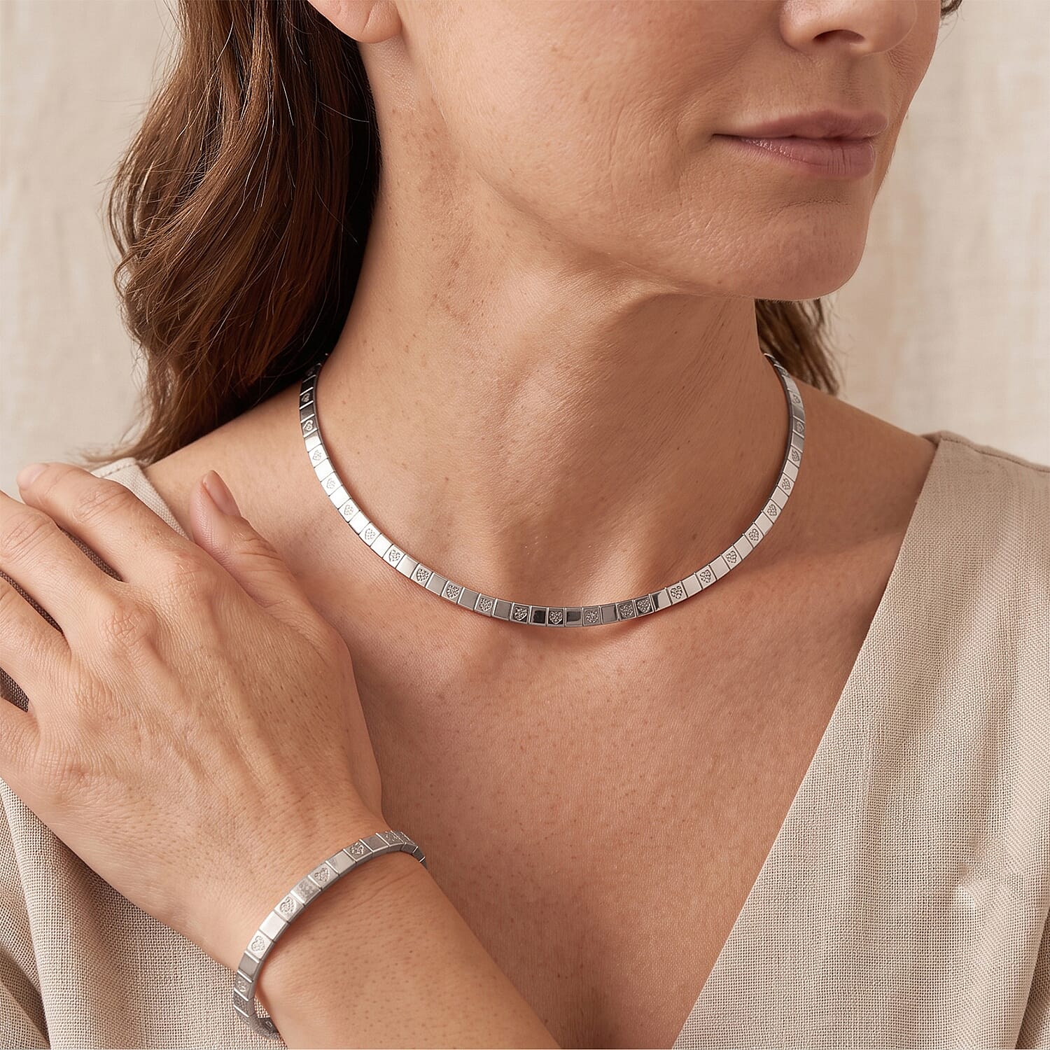 2 Piece Set - Fancy Necklace (20-22 Inches) and Bracelet (7.5-9.5In) in Stainless Steel