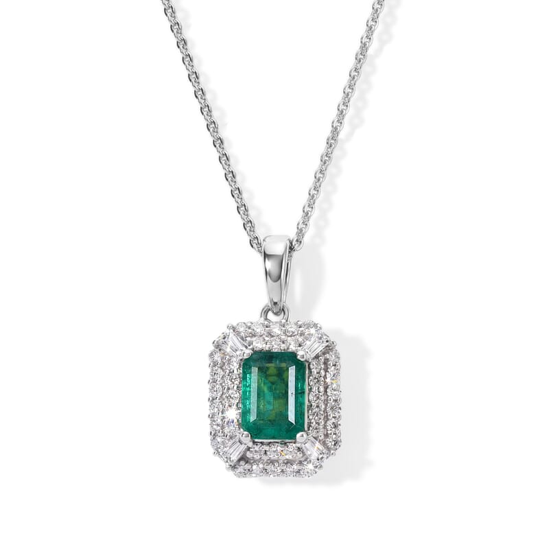 Certified and Appraised D'Joy Premium Kagem Zambian Emerald and Moissanite 1.40 ctw Pendant Necklace in Rhodium Over Sterling Silver (18 Inches)