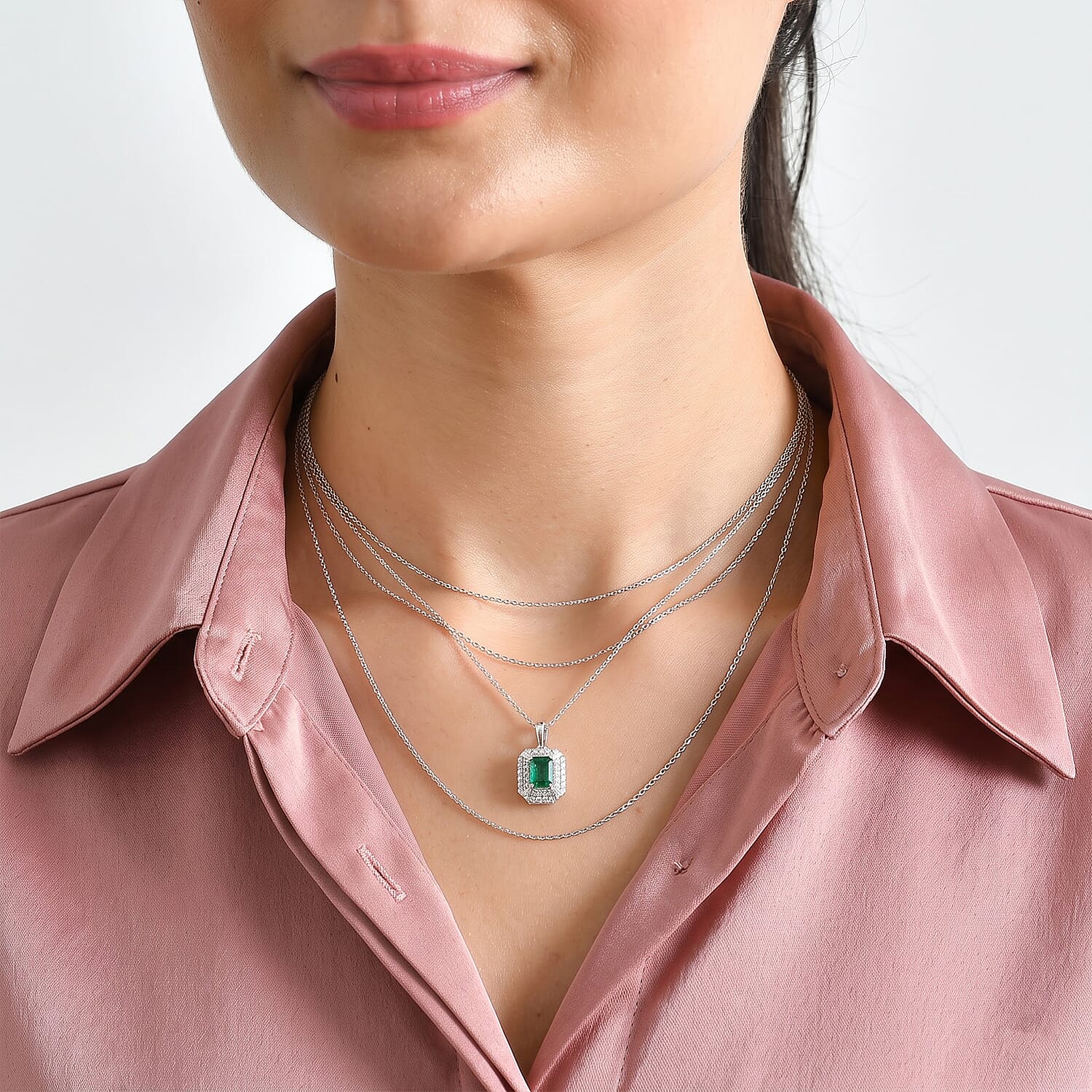 Certified and Appraised D'Joy Premium Kagem Zambian Emerald and Moissanite 1.40 ctw Pendant Necklace in Rhodium Over Sterling Silver (18 Inches)