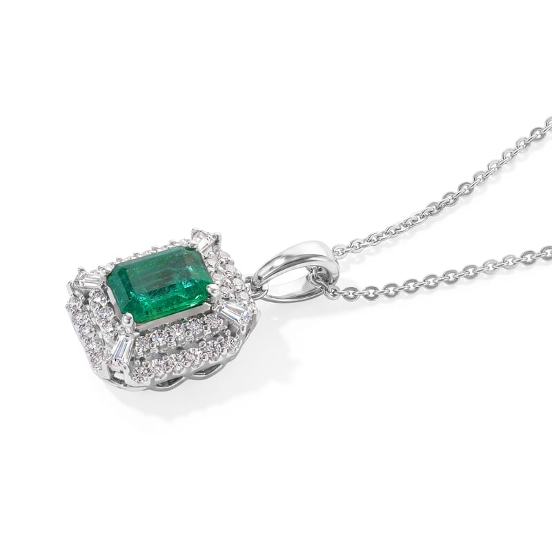 Certified and Appraised D'Joy Premium Kagem Zambian Emerald and Moissanite 1.40 ctw Pendant Necklace in Rhodium Over Sterling Silver (18 Inches)