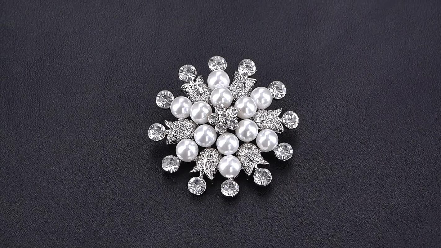 Austrian Crystal, Resin Set of 2 Pearl Brooches in Silvertone