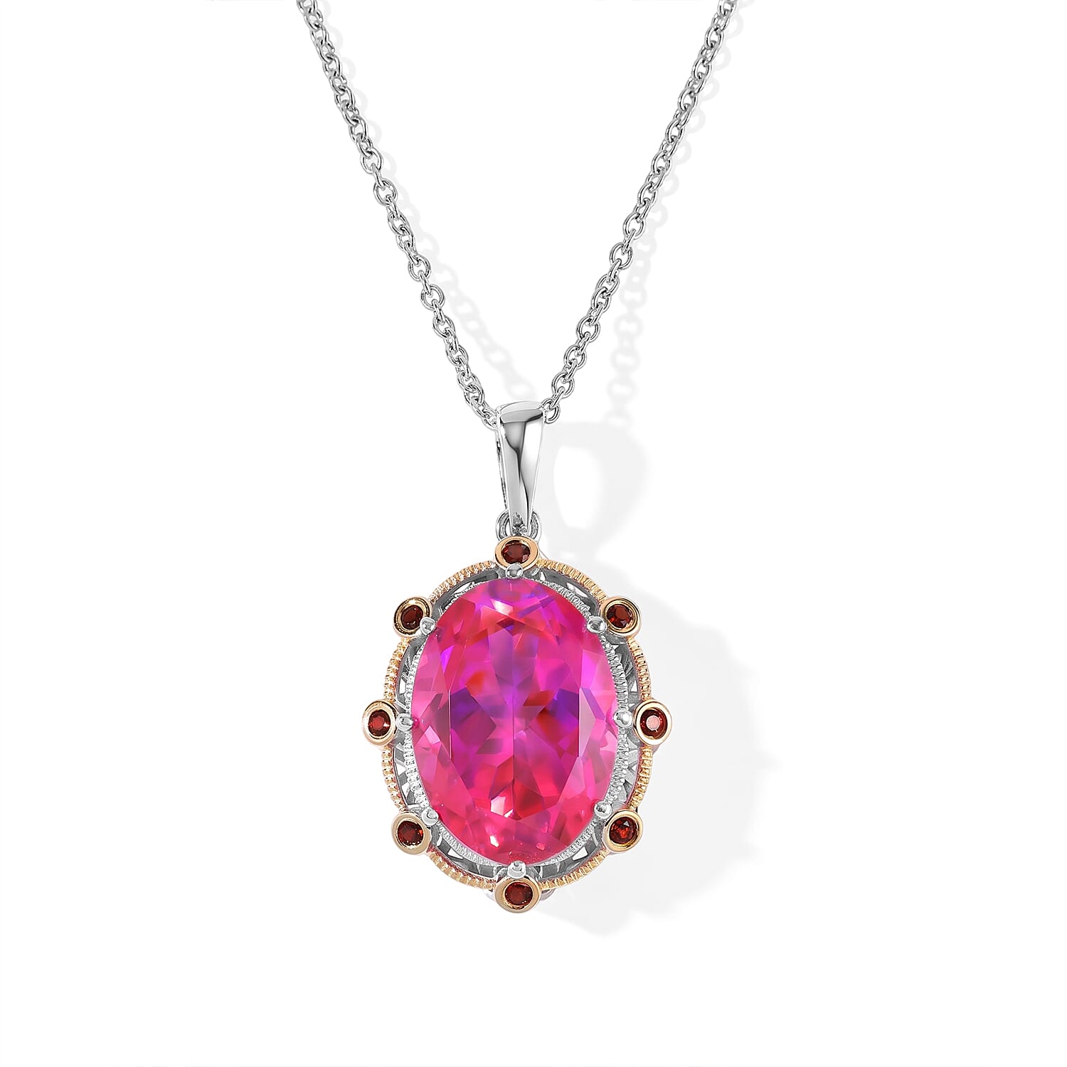 EverTrue Volcanic Triplet Quartz and Mozambique Garnet 14.30 ctw Pendant in 18K YG Plated and Platinum Bond with Stainless Steel Necklace 20 Inches