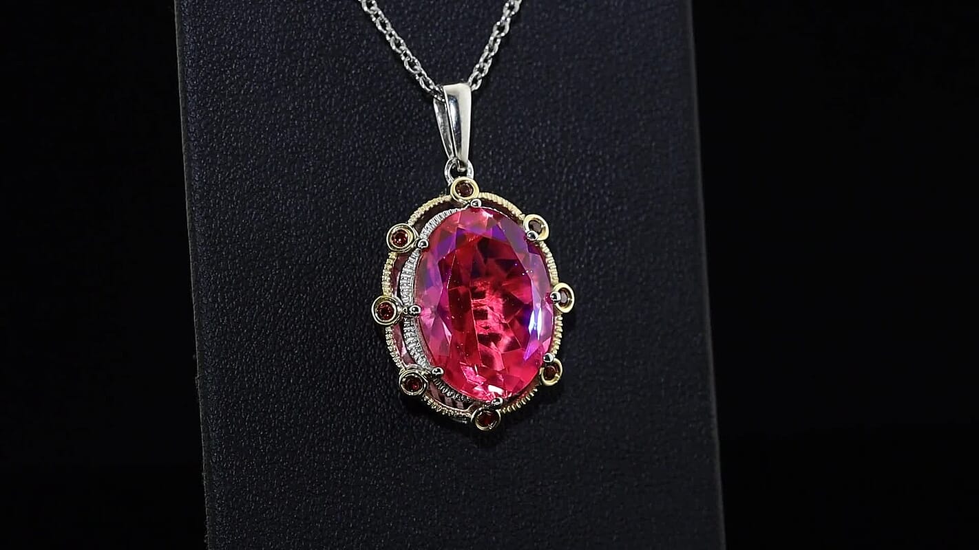 EverTrue Volcanic Triplet Quartz and Mozambique Garnet 14.30 ctw Pendant in 18K YG Plated and Platinum Bond with Stainless Steel Necklace 20 Inches