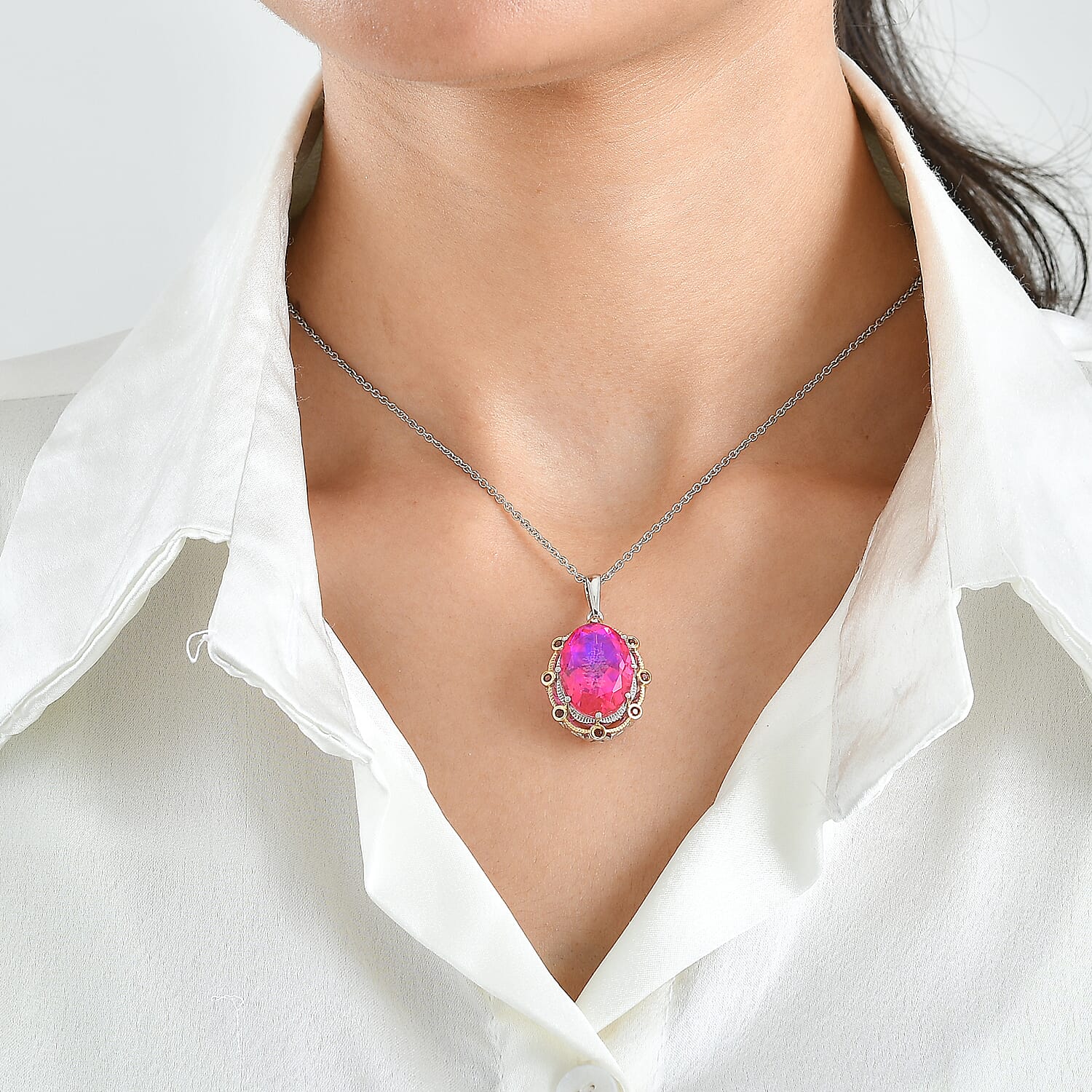 EverTrue Volcanic Triplet Quartz and Mozambique Garnet 14.30 ctw Pendant in 18K YG Plated and Platinum Bond with Stainless Steel Necklace 20 Inches