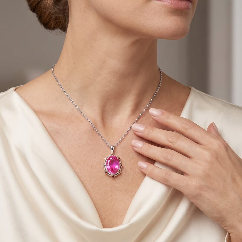 EverTrue Volcanic Triplet Quartz and Mozambique Garnet 14.30 ctw Pendant in 18K YG Plated and Platinum Bond with Stainless Steel Necklace 20 Inches