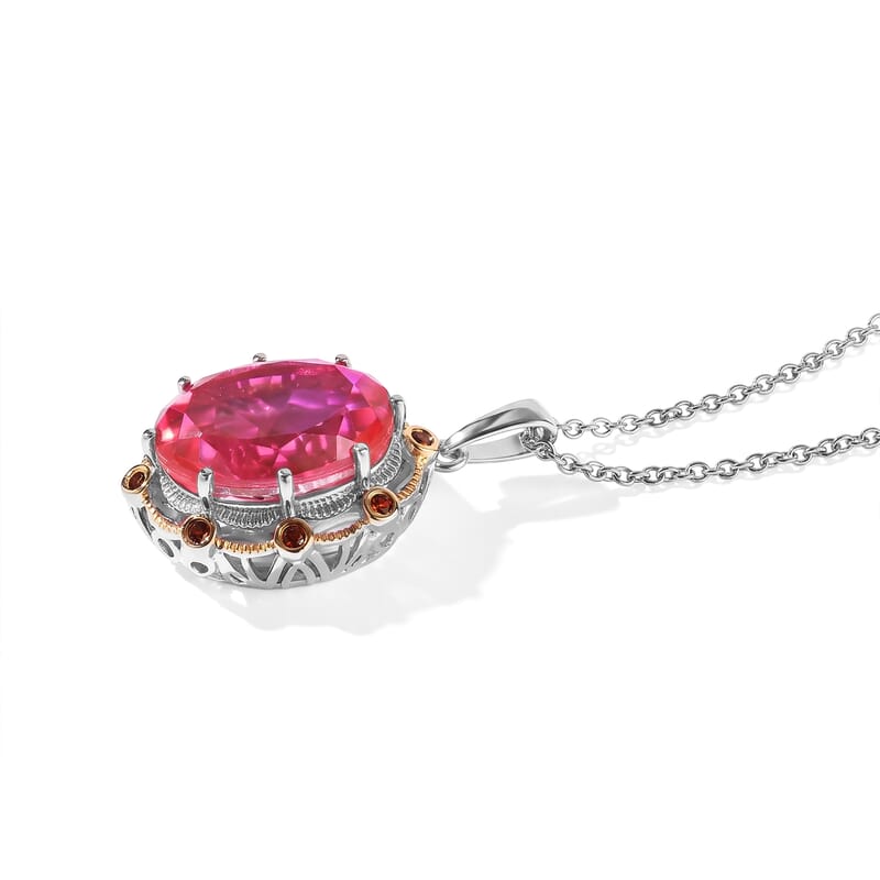 EverTrue Volcanic Triplet Quartz and Mozambique Garnet 14.30 ctw Pendant in 18K YG Plated and Platinum Bond with Stainless Steel Necklace 20 Inches