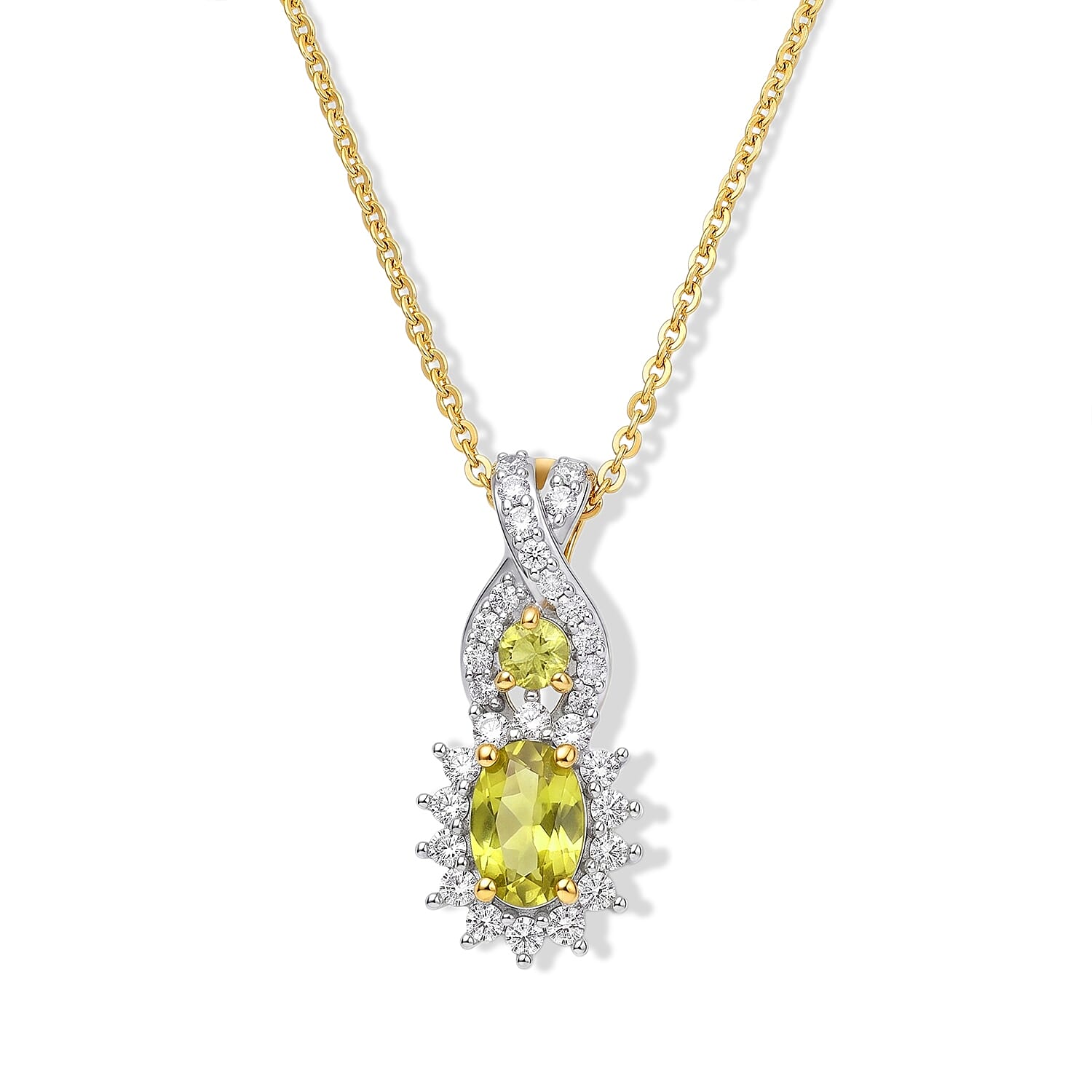 D'Joy Premium Green Sphene and Moissanite 0.85 ctw Pendant Necklace in 18K Vermeil Yellow Gold Over Sterling Silver 20 Inches