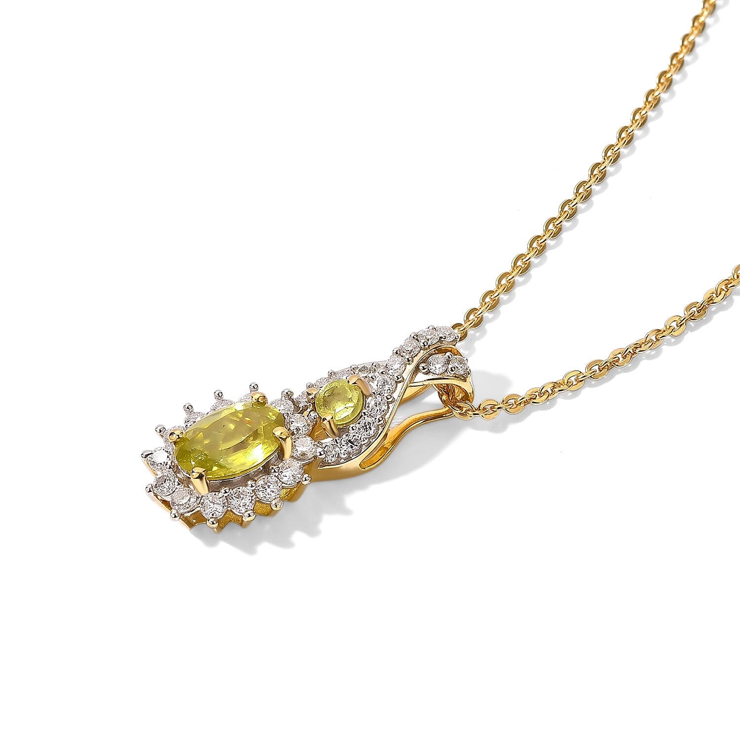 D'Joy Premium Green Sphene and Moissanite 0.85 ctw Pendant Necklace in 18K Vermeil Yellow Gold Over Sterling Silver 20 Inches