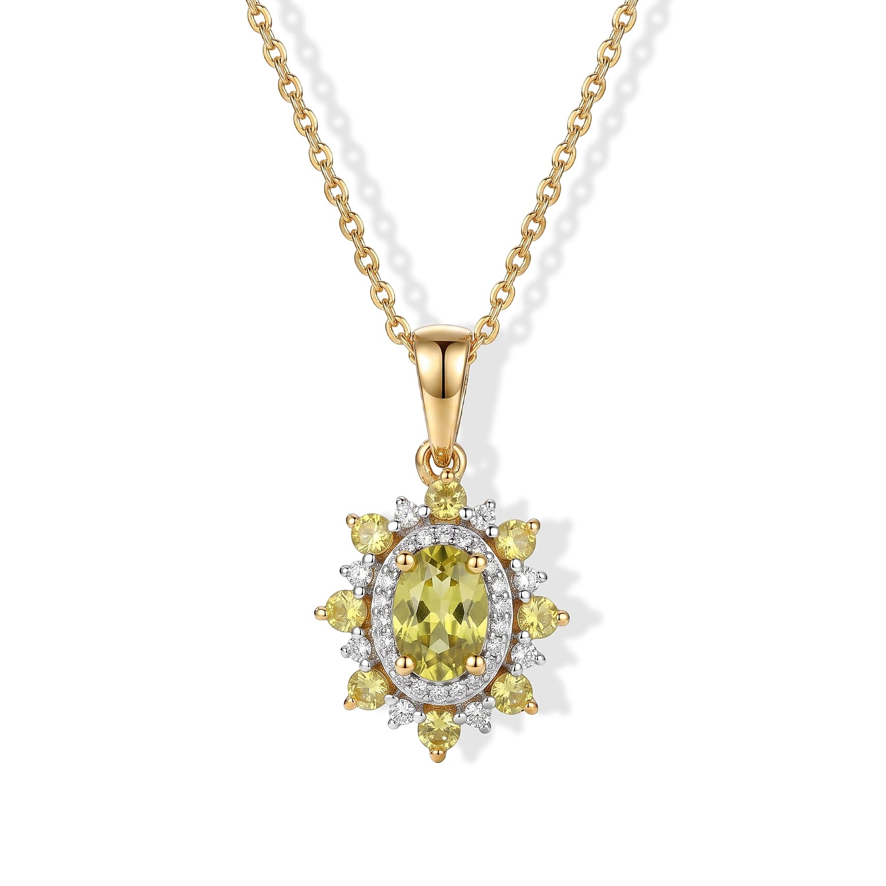 D'Joy Premium Green Sphene and Moissanite 1.25 ctw Pendant Necklace in 18K Vermeil Yellow Gold Over Sterling Silver 20 Inches