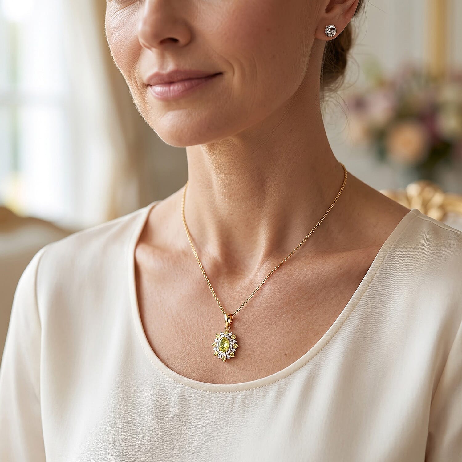 D'Joy Premium Green Sphene and Moissanite 1.25 ctw Pendant Necklace in 18K Vermeil Yellow Gold Over Sterling Silver 20 Inches