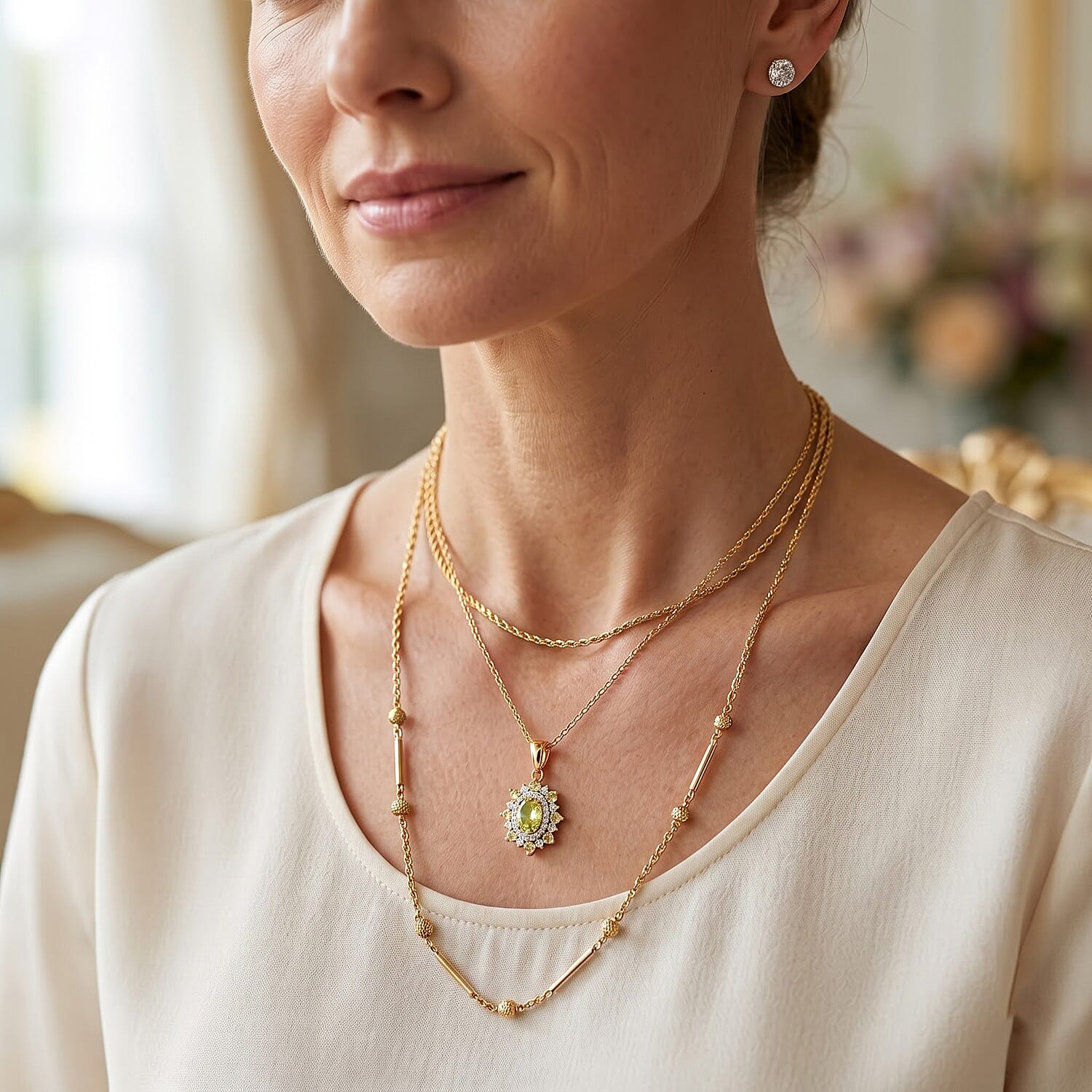 D'Joy Premium Green Sphene and Moissanite 1.25 ctw Pendant Necklace in 18K Vermeil Yellow Gold Over Sterling Silver 20 Inches