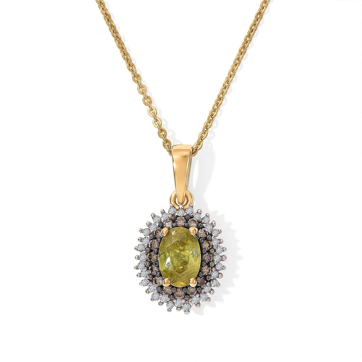 D'Joy Premium Green Sphene, Natural Champagne and White Diamond 1.30 ctw Pendant Necklace in 18K Vermeil Yellow Gold Over Sterling Silver 20 Inches