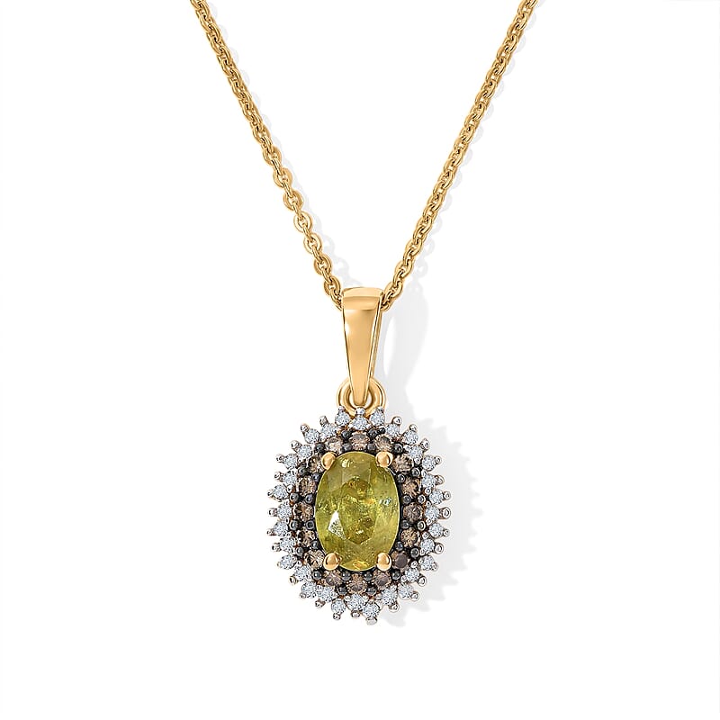 D'Joy Premium Green Sphene, Natural Champagne and White Diamond 1.30 ctw Pendant Necklace in 18K Vermeil Yellow Gold Over Sterling Silver 20 Inches