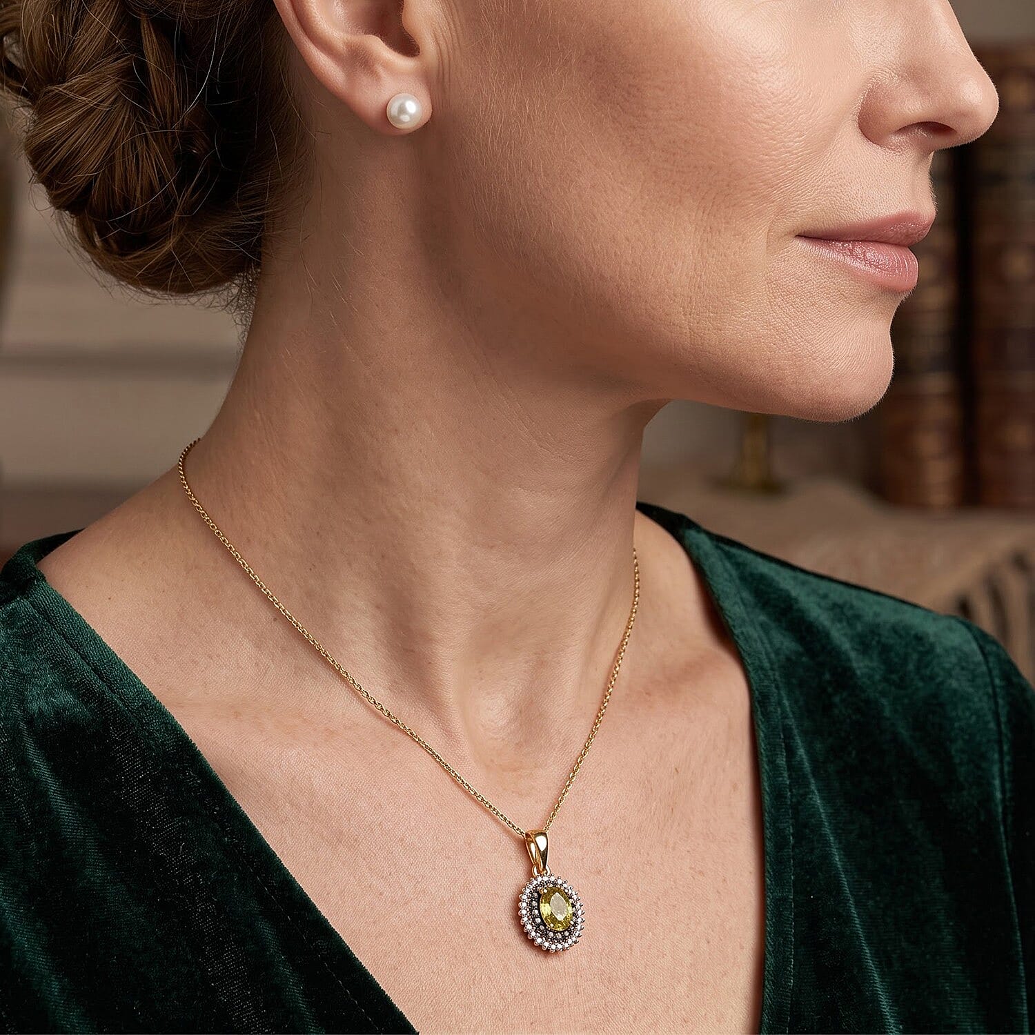 D'Joy Premium Green Sphene, Natural Champagne and White Diamond 1.30 ctw Pendant Necklace in 18K Vermeil Yellow Gold Over Sterling Silver 20 Inches