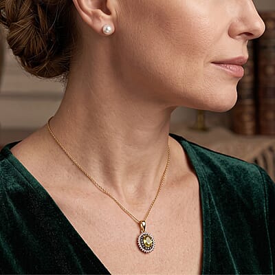 D'Joy Premium Green Sphene, Natural Champagne and White Diamond 1.30 ctw Pendant Necklace in 18K Vermeil Yellow Gold Over Sterling Silver 20 Inches