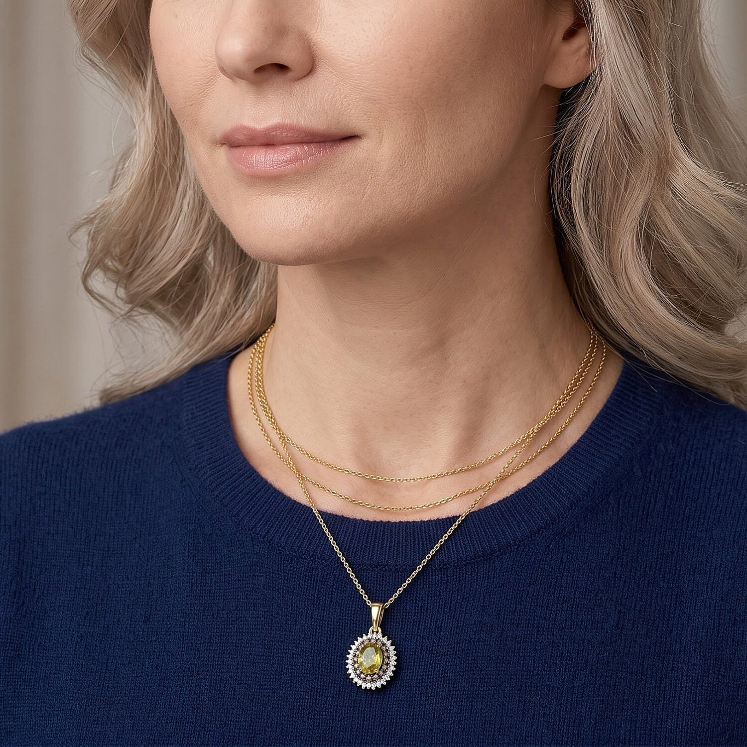 D'Joy Premium Green Sphene, Natural Champagne and White Diamond 1.30 ctw Pendant Necklace in 18K Vermeil Yellow Gold Over Sterling Silver 20 Inches